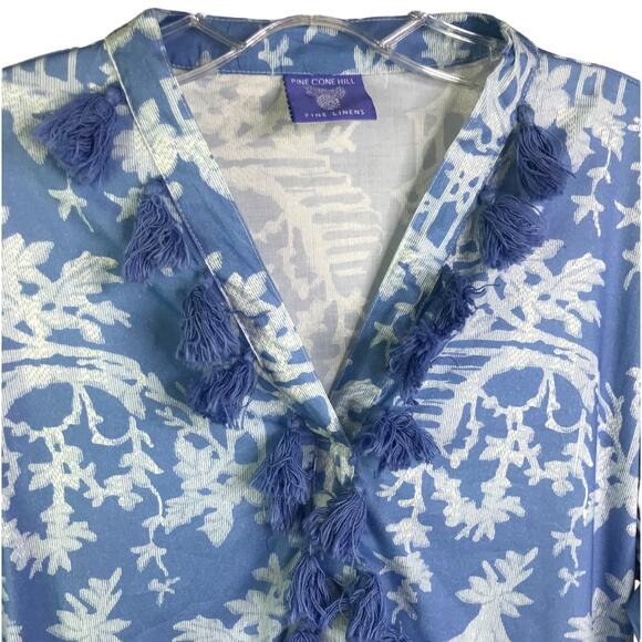 Pine Cone Hill Cover Up Womens XS/S Blue Fine Linens Cotton Tassels Dress Beach - Picture 2 of 10